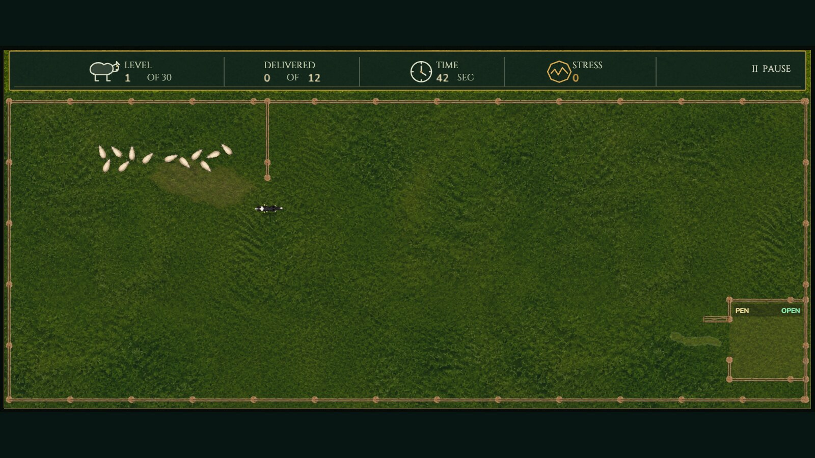 Sheep Herder gameplay with a border collie moving a flock across a pasture