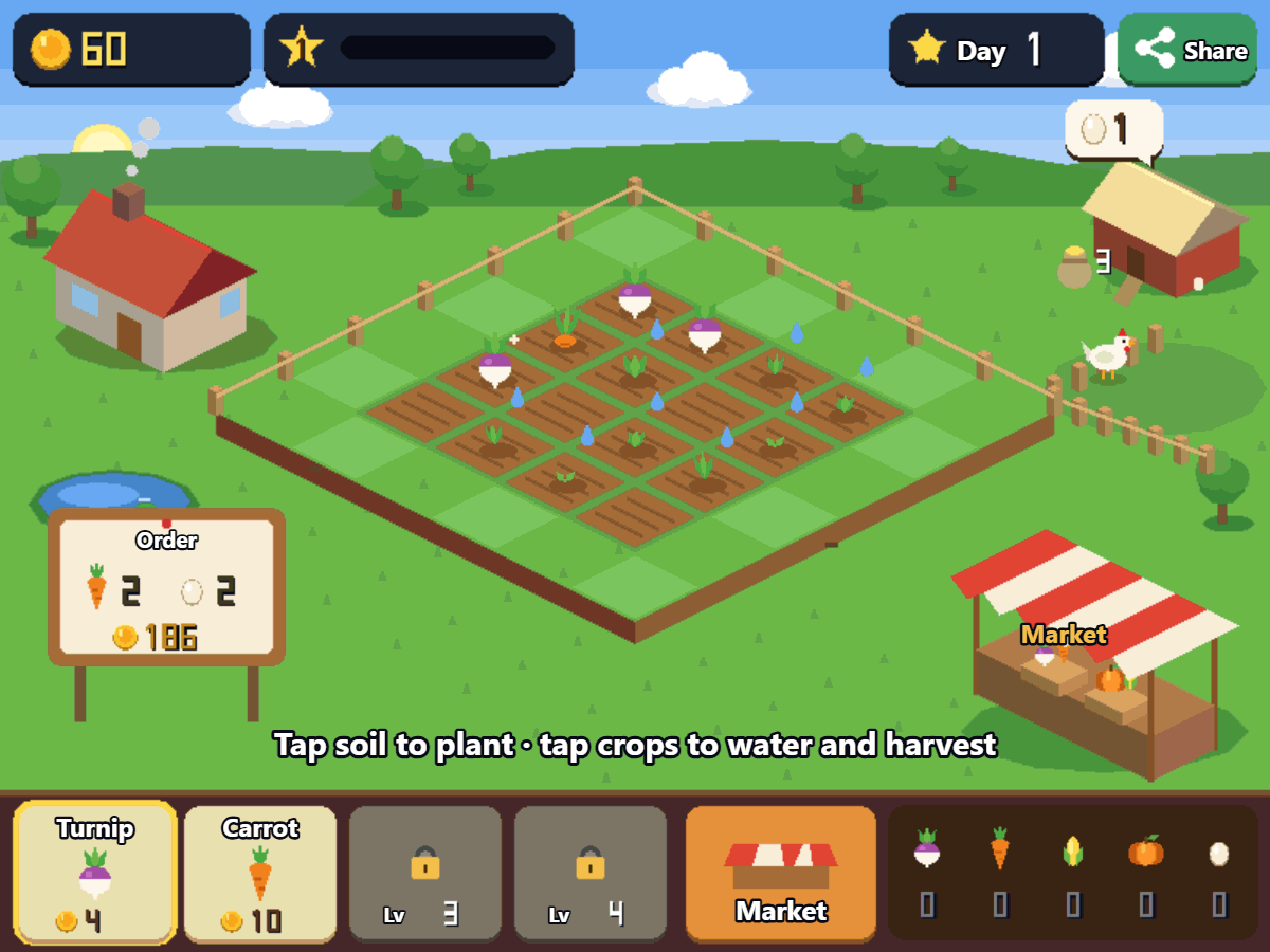 Pocket Farm: an isometric farm with crops, a farmhouse, a chicken coop, and a market stall